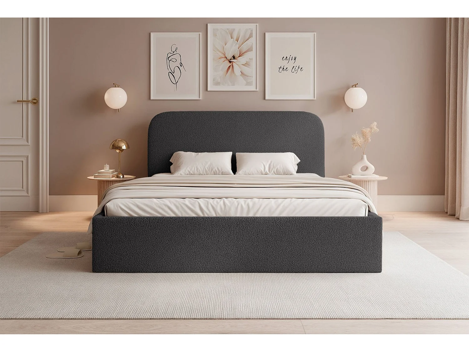 Lit coffre - 160x200 cm - en tissu bouclette graphite - SONVIVO