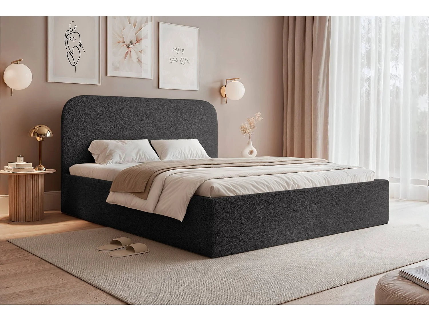 Lit coffre - 160x200 cm - en tissu bouclette graphite - SONVIVO