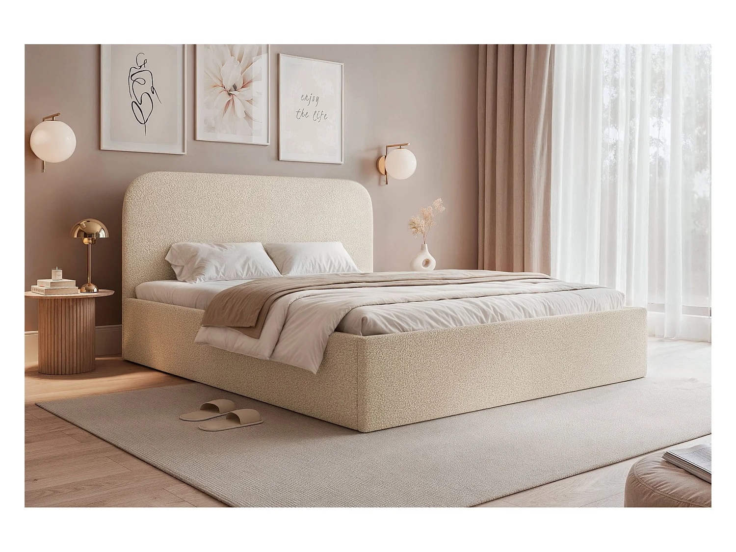 Polsterbett 140x200 mit Bettkasten - Bouclé - hellbeige - SONVIVO