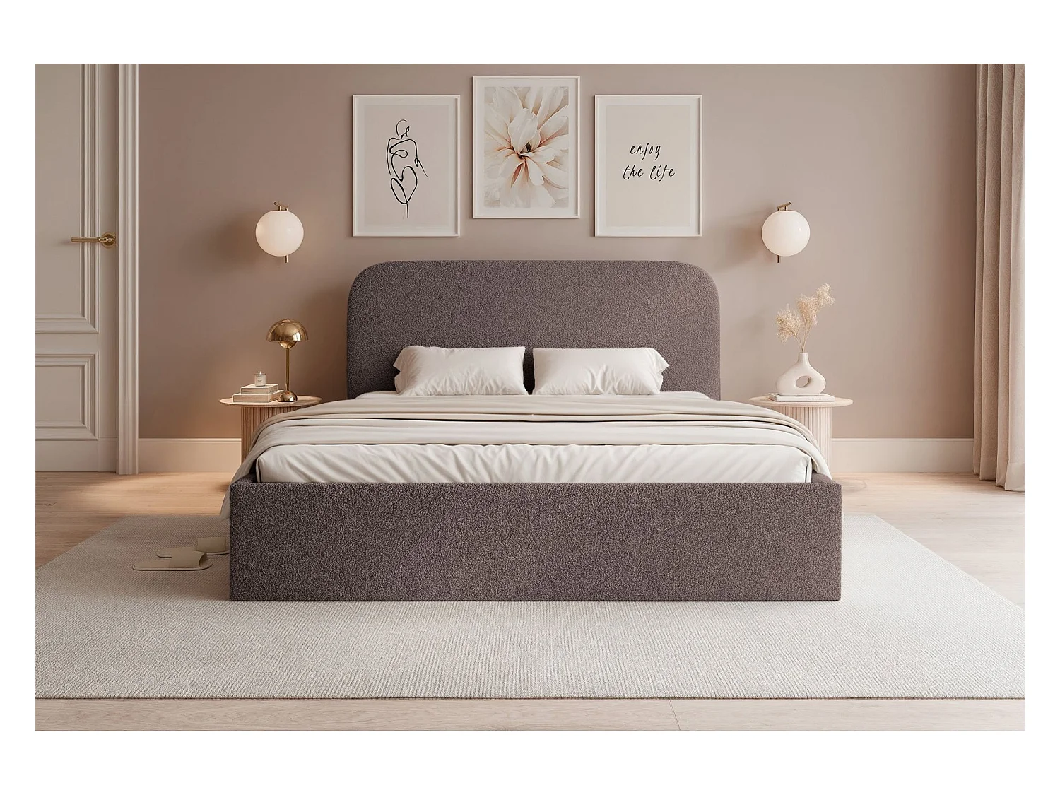 Lit coffre - 160x200 cm - en tissu bouclette brun - SONVIVO