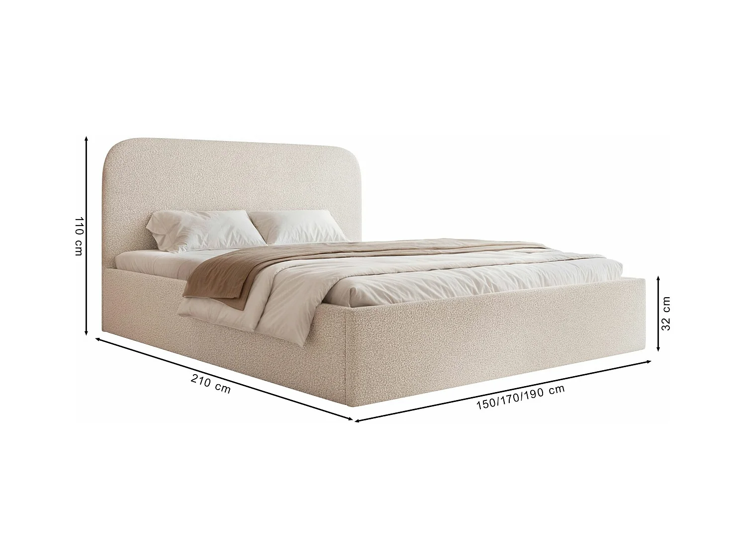 Lit coffre - 140x200 cm - en tissu bouclette crème - SONVIVO