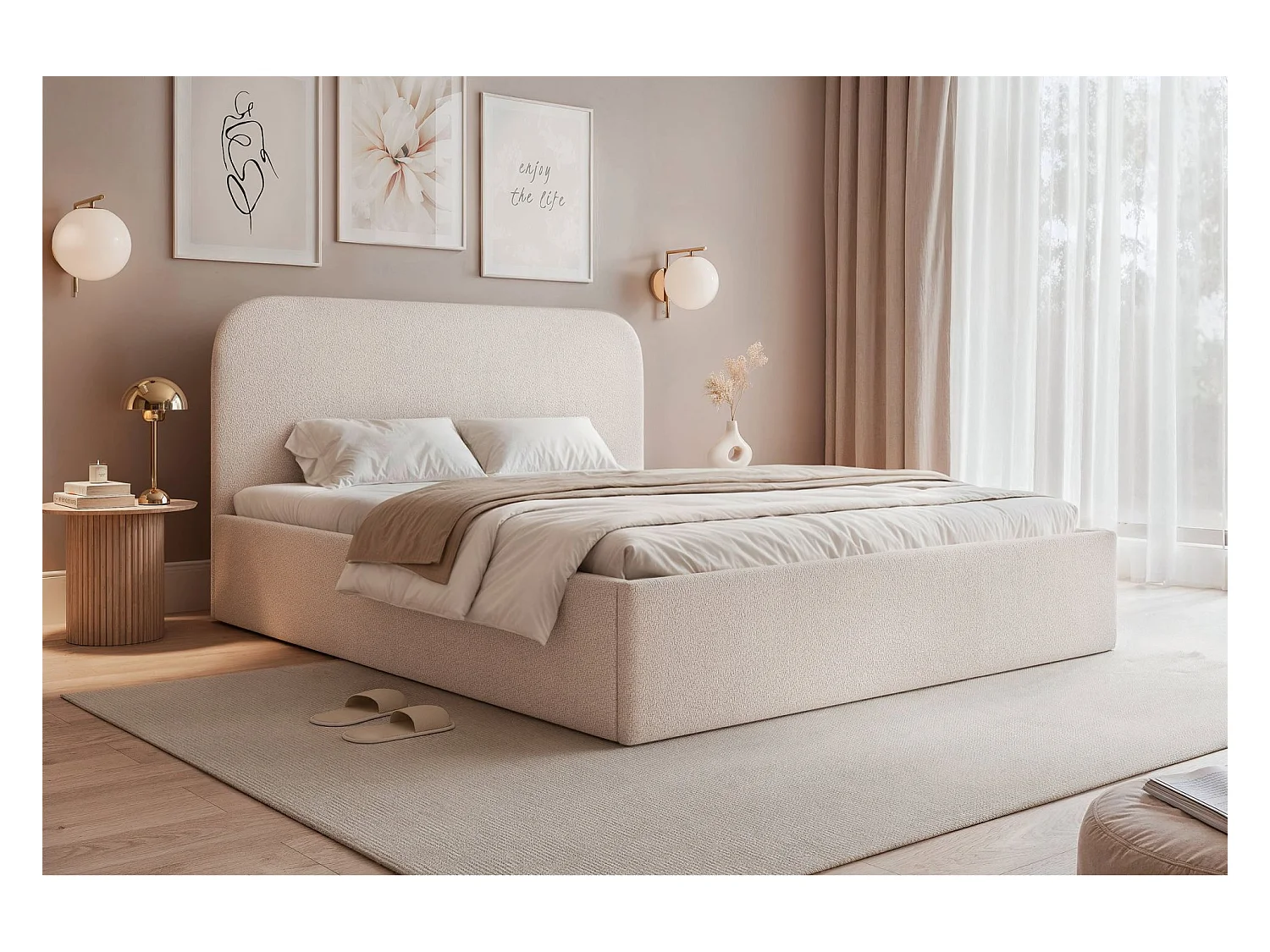 Lit coffre - 140x200 cm - en tissu chenille beige clair - SONVIVO