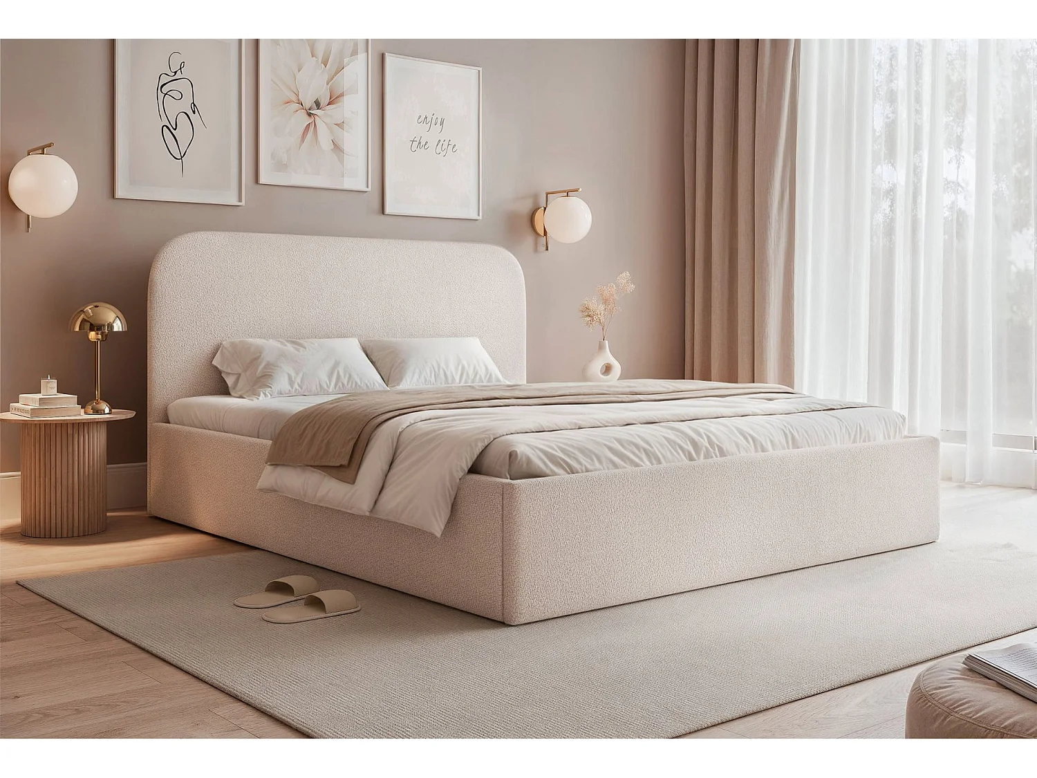 Lit coffre - 140x200 cm - en tissu chenille beige clair - SONVIVO