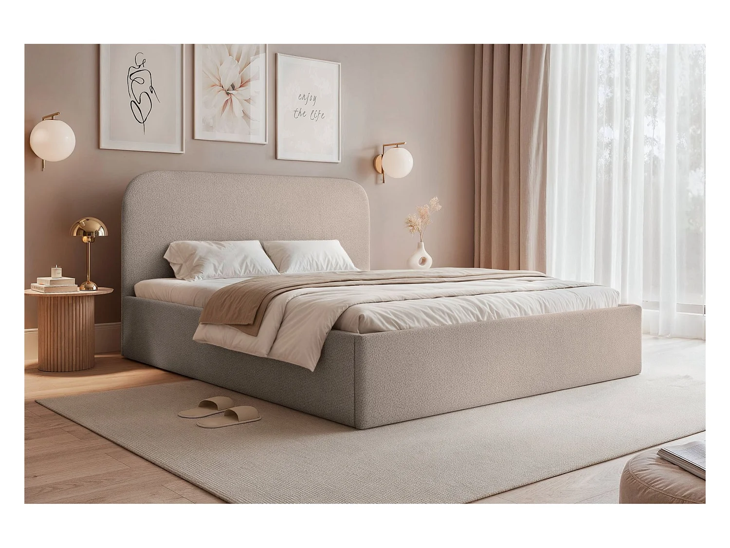 Opbergbed - 180x200 cm - in beige chenillestof - SONVIVO