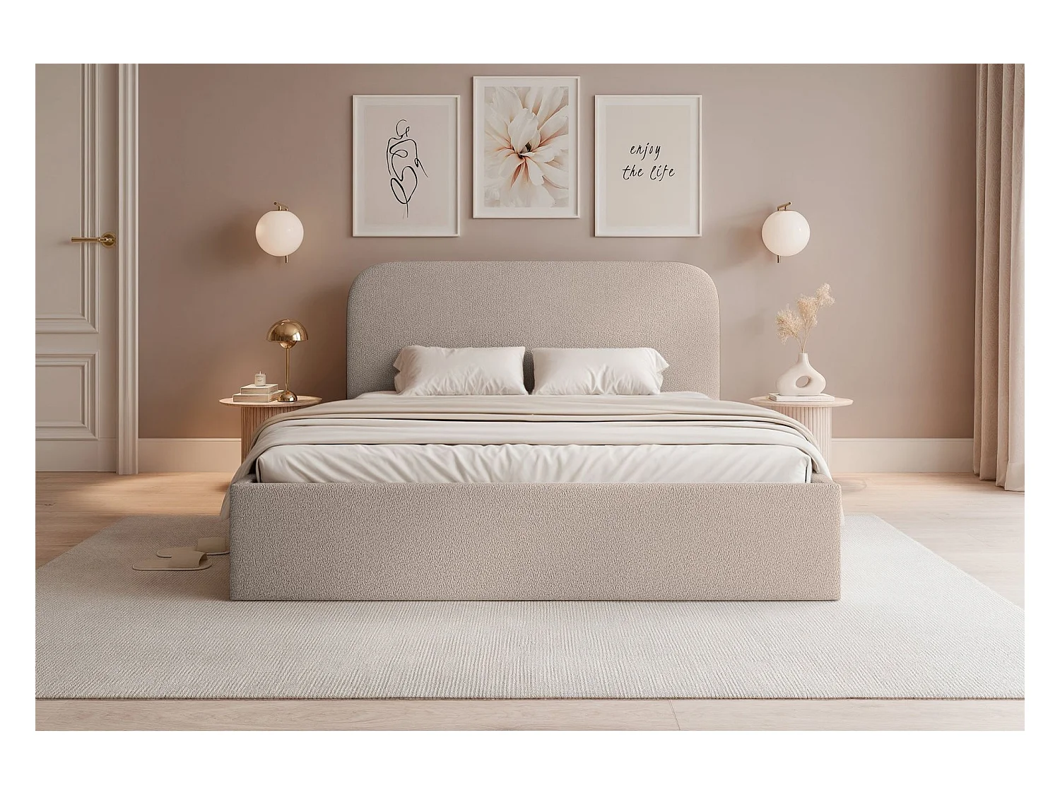 Lit coffre - 180x200 cm - en tissu chenille beige - SONVIVO