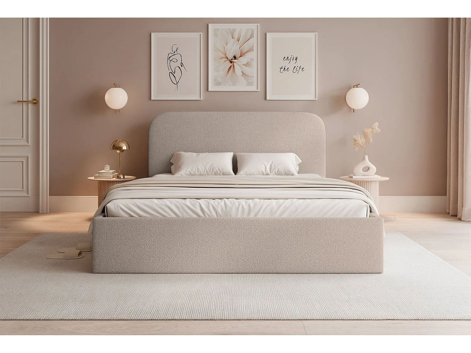 Lit coffre - 180x200 cm - en tissu chenille beige - SONVIVO