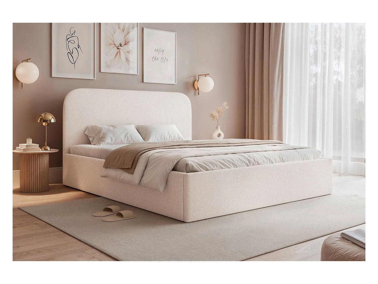 Lit coffre - 180x200 cm - en tissu chenille crème - SONVIVO