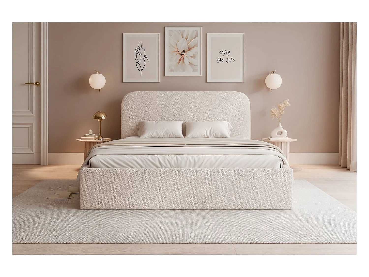 Lit coffre - 180x200 cm - en tissu chenille beige clair - SONVIVO