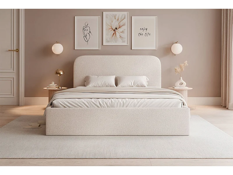 Lit coffre - 180x200 cm - en tissu chenille beige clair - SONVIVO