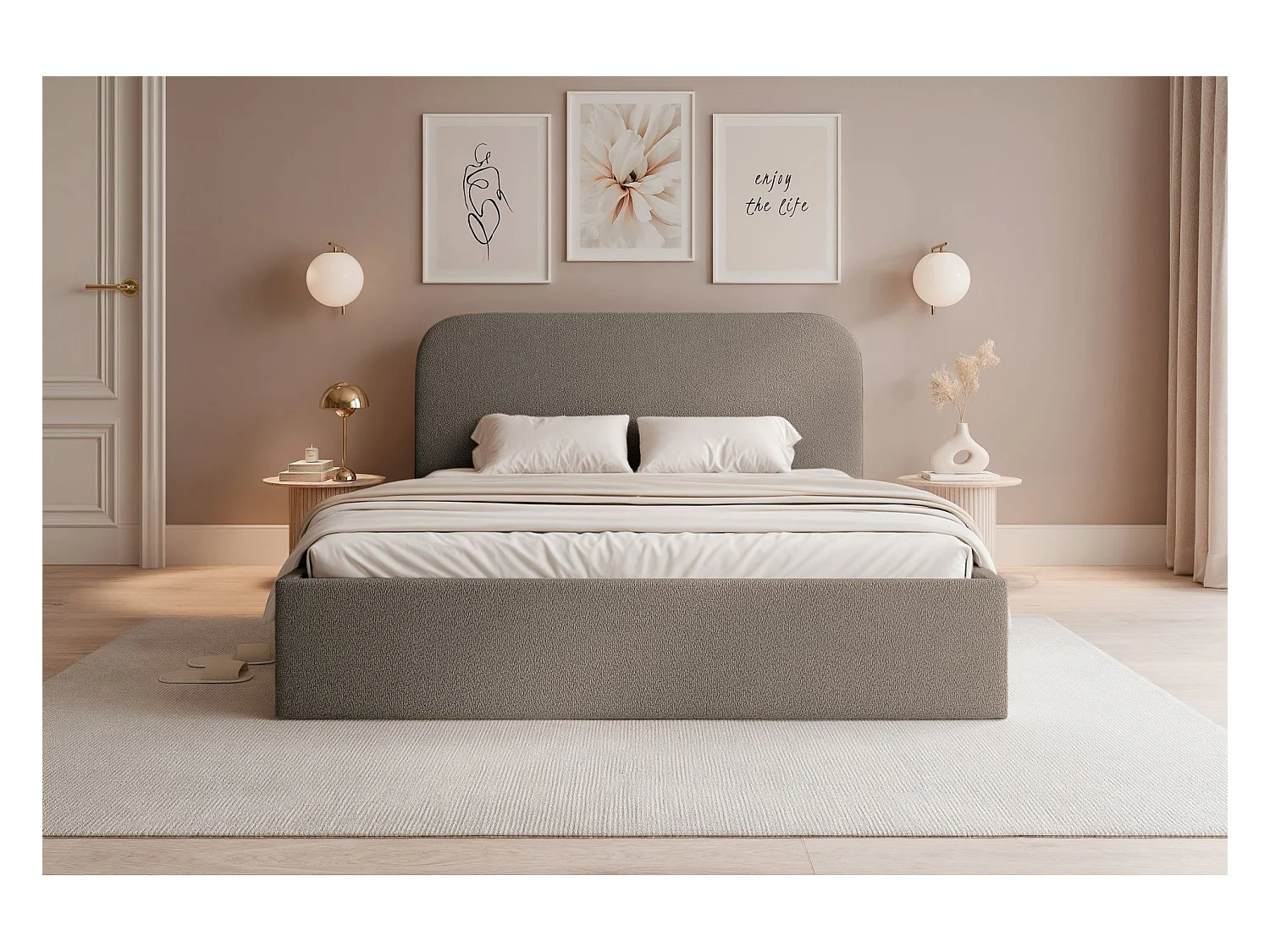 Lit coffre - 180x200 cm - en tissu chenille brun clair - SONVIVO