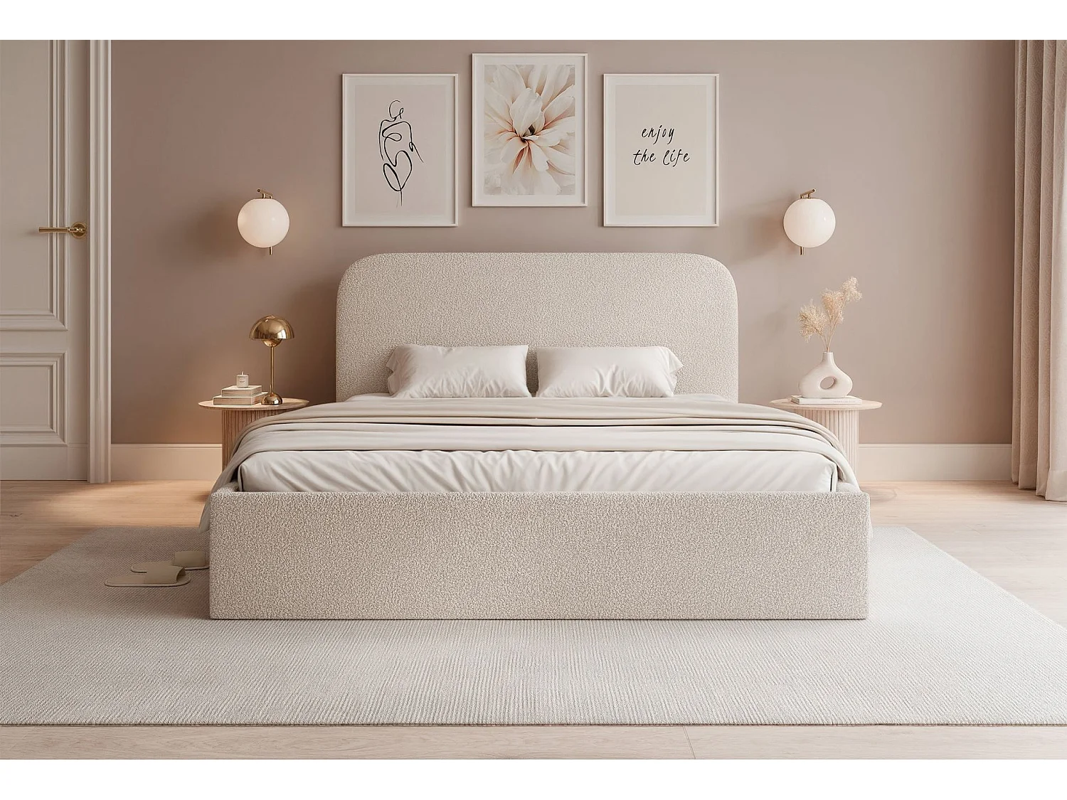 Lit coffre - 140x200 cm - en tissu bouclette gris beige - SONVIVO