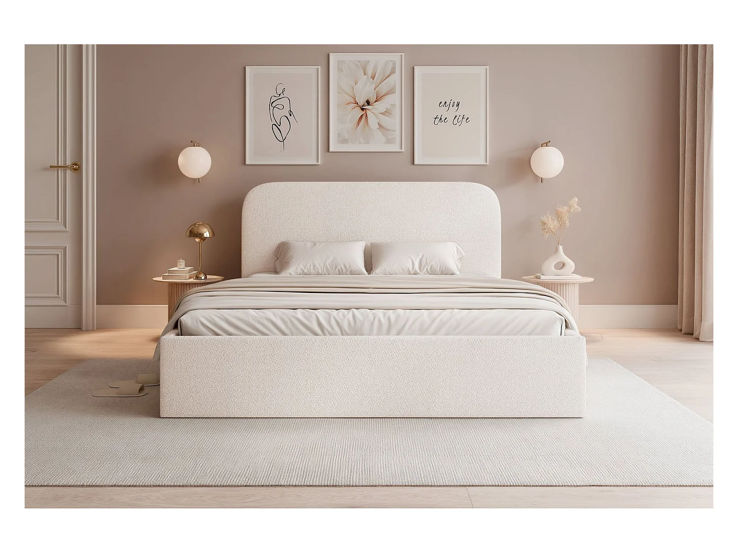 Lit coffre - 140x200 cm - en tissu chenille crème - SONVIVO