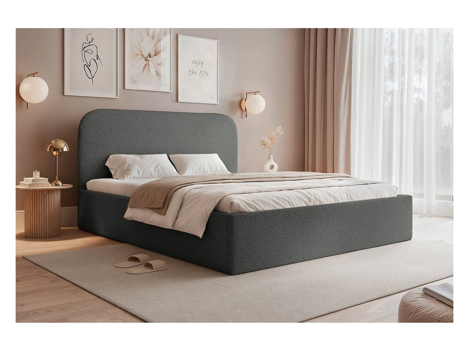 Lit coffre - 140x200 cm - en tissu bouclette gris foncé - SONVIVO