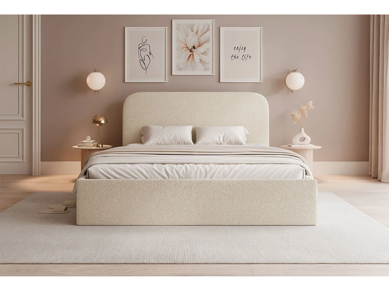 Polsterbett 160x200 mit Bettkasten - Bouclé - hellbeige - SONVIVO