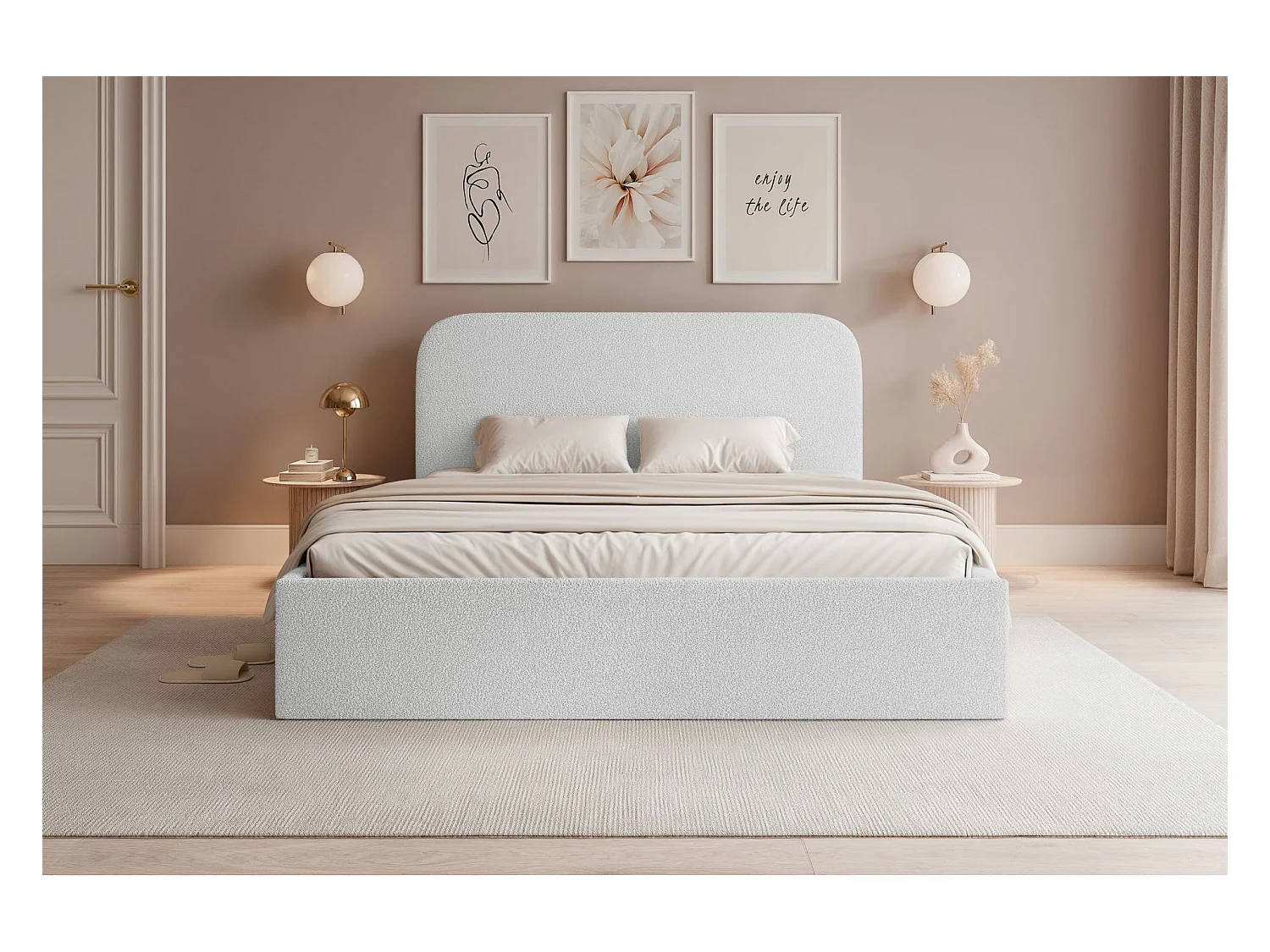 Lit coffre - 160x200 cm - en tissu bouclette blanc - SONVIVO