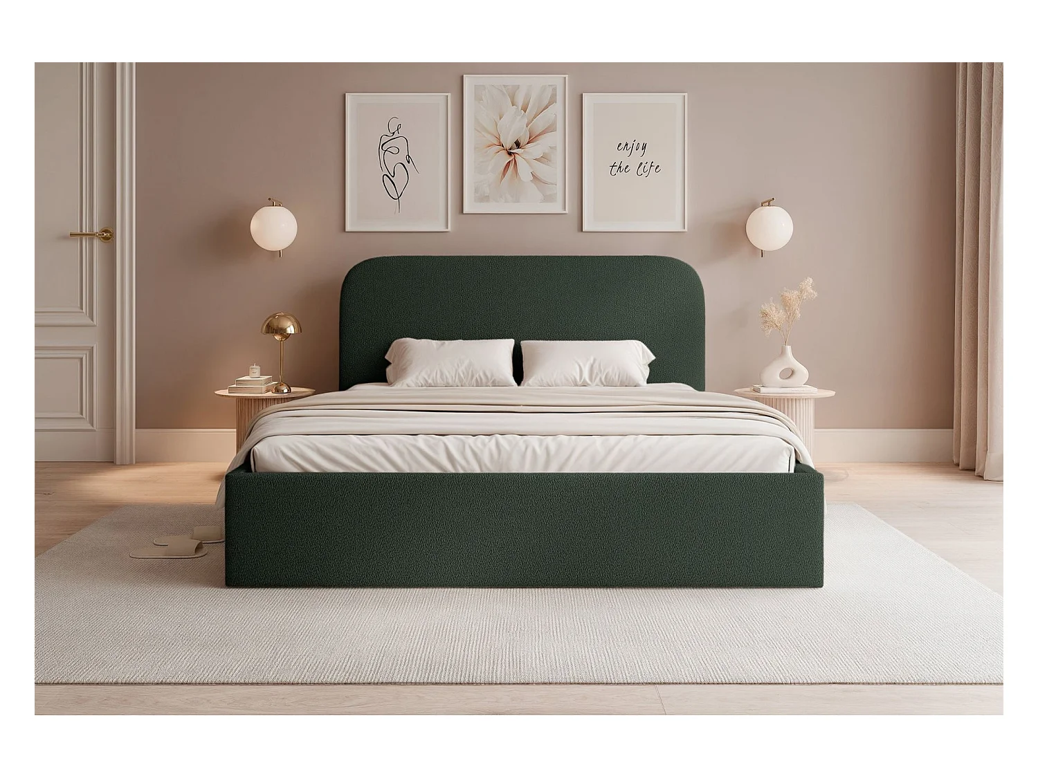 Lit coffre - 140x200 cm - en tissu chenille vert foncé - SONVIVO