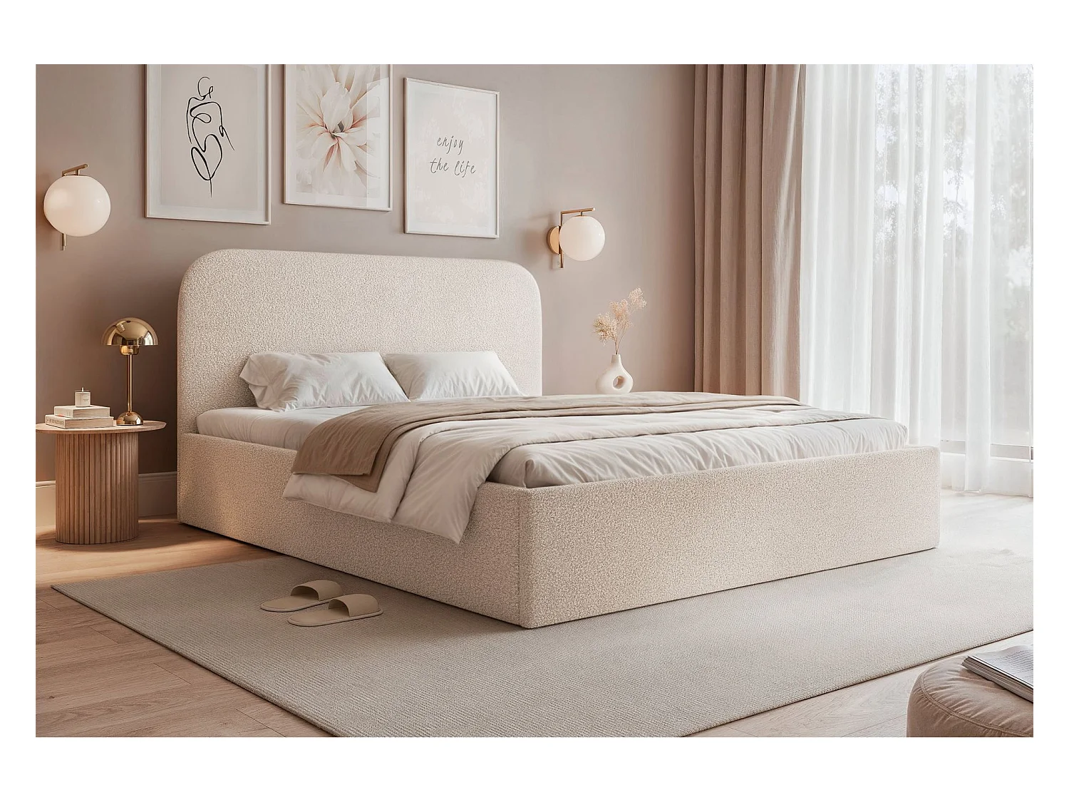 Lit coffre - 160x200 cm - en tissu bouclette crème - SONVIVO