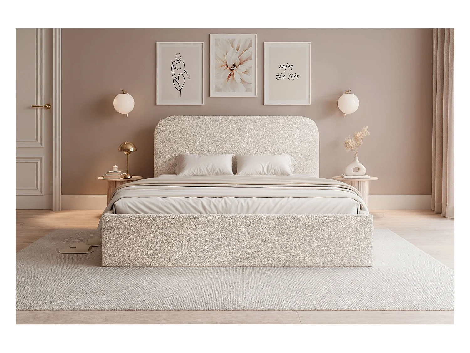 Lit coffre - 160x200 cm - en tissu bouclette crème - SONVIVO