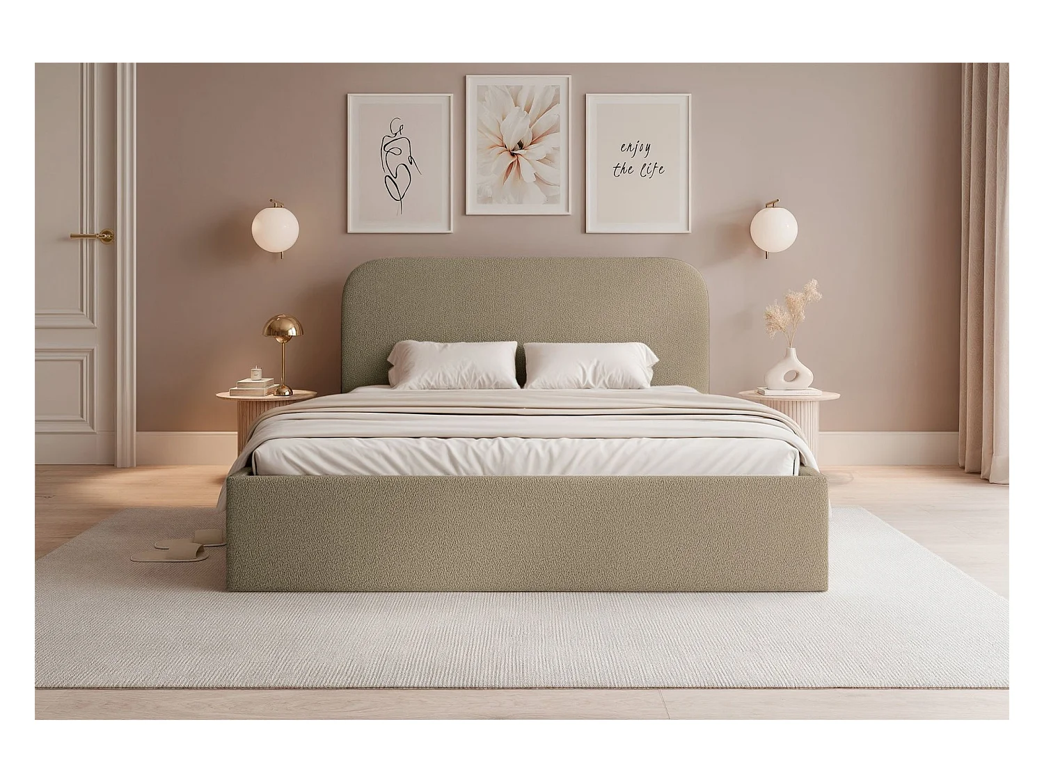 Lit coffre - 160x200 cm - en tissu chenille beige foncé - SONVIVO