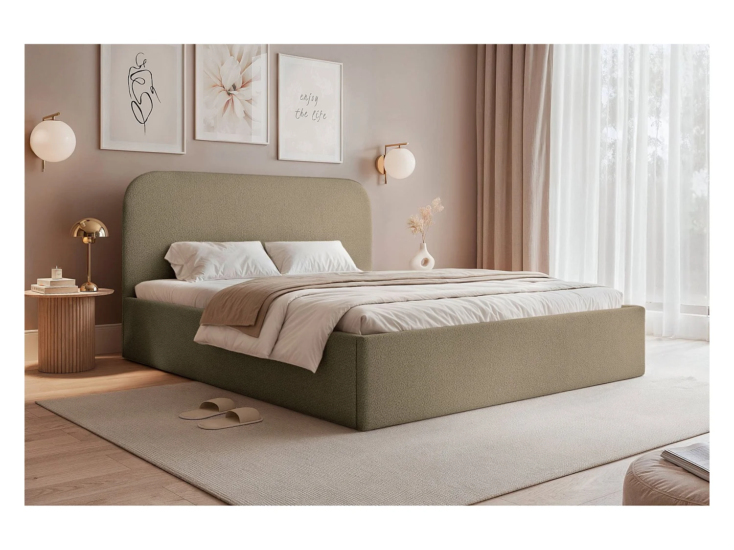 Lit coffre - 160x200 cm - en tissu chenille beige foncé - SONVIVO