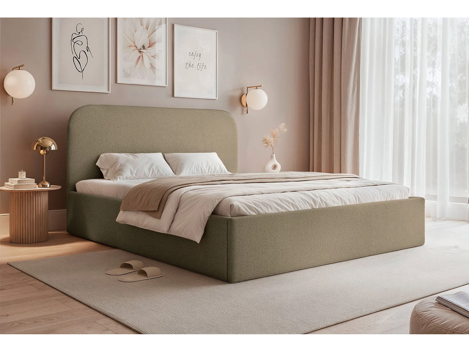 Lit coffre - 160x200 cm - en tissu chenille beige foncé - SONVIVO