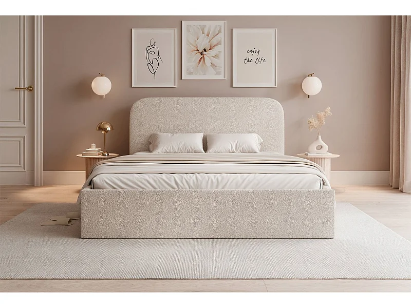 Lit coffre - 180x200 cm - en tissu bouclette gris beige - SONVIVO