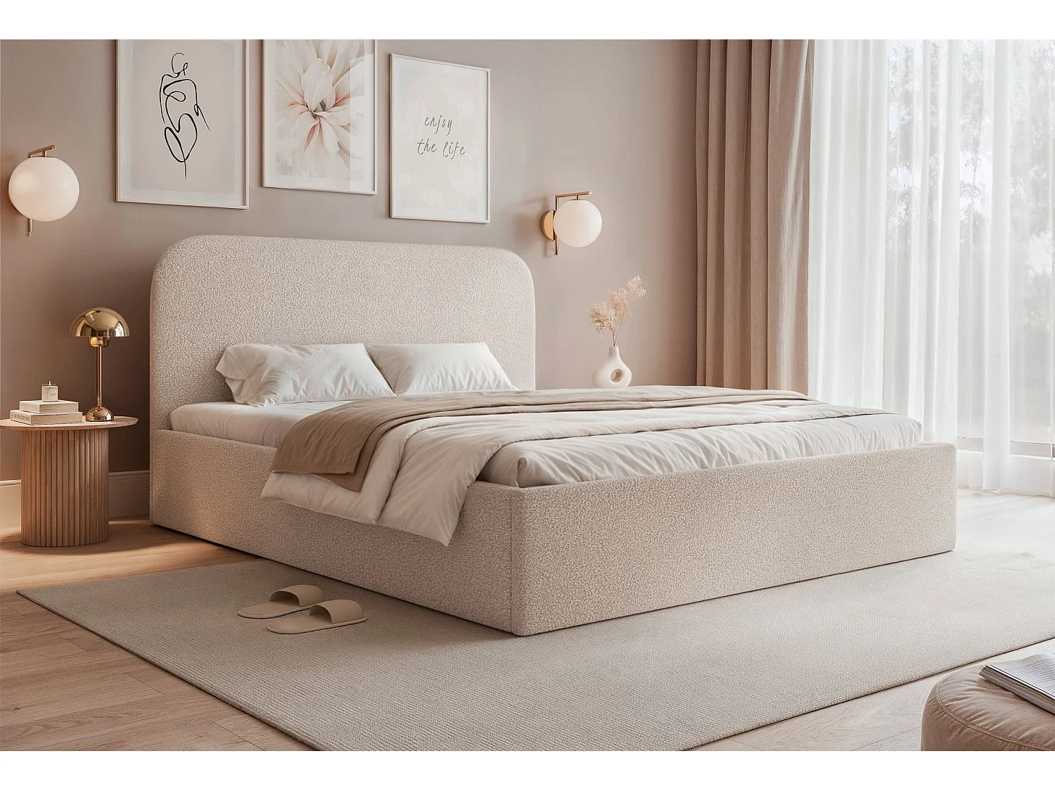 Lit coffre - 180x200 cm - en tissu bouclette gris beige - SONVIVO