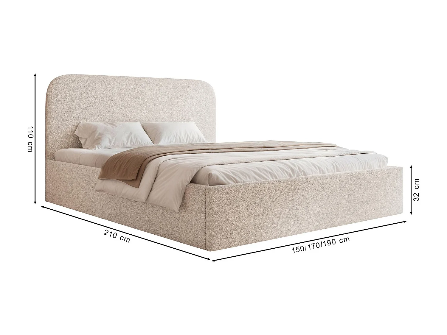 Lit coffre - 180x200 cm - en tissu bouclette gris beige - SONVIVO