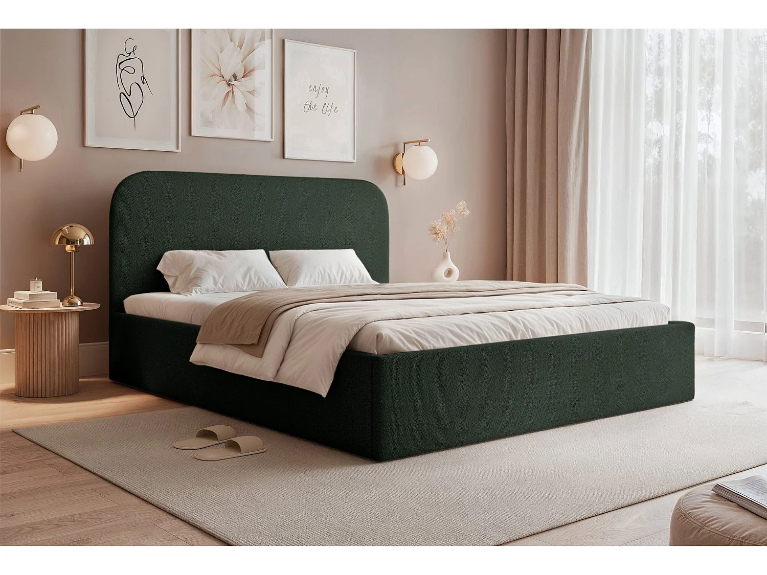 Lit coffre - 160x200 cm - en tissu chenille vert foncé - SONVIVO