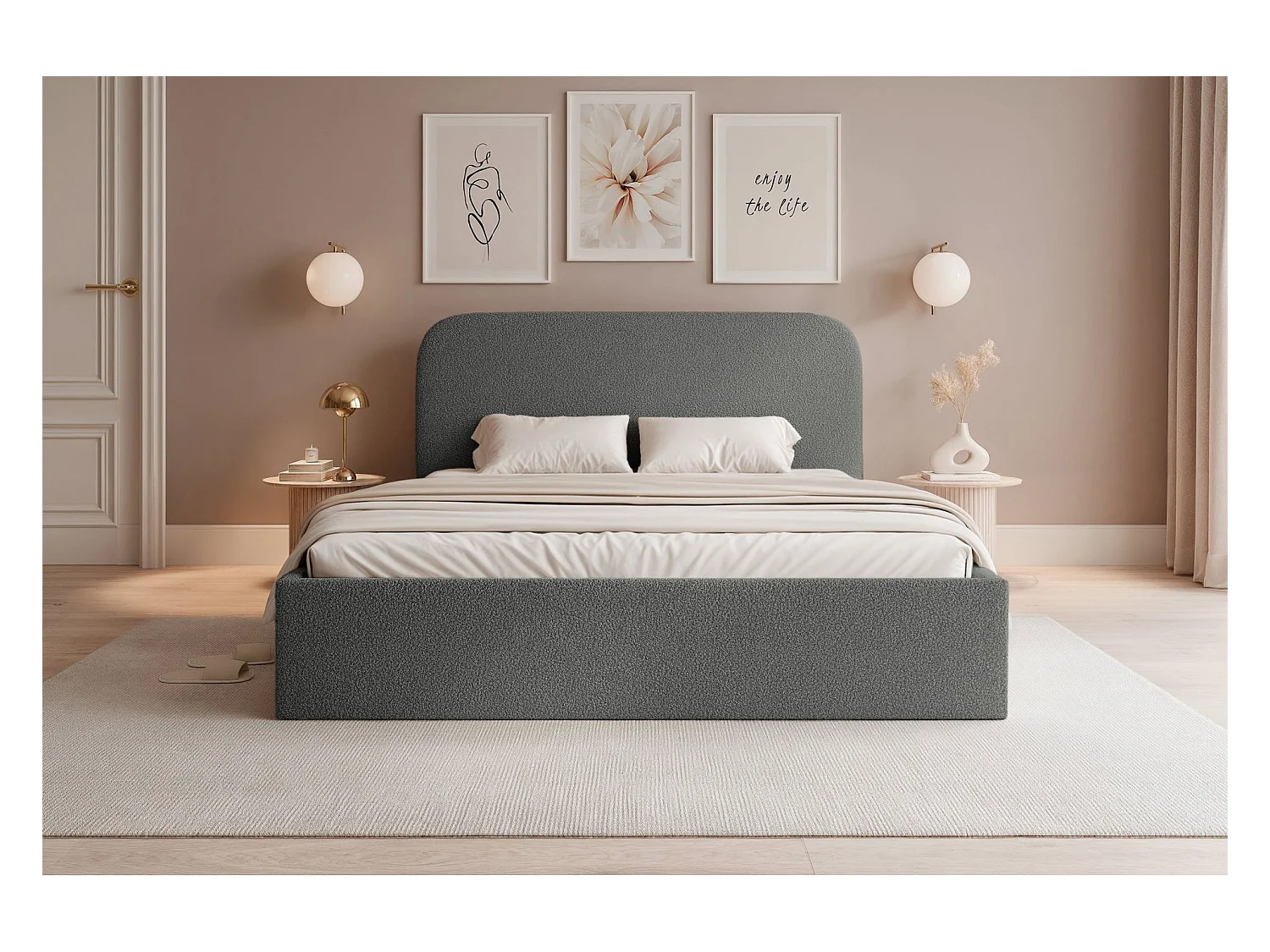 Lit coffre - 160x200 cm - en tissu bouclette gris foncé - SONVIVO