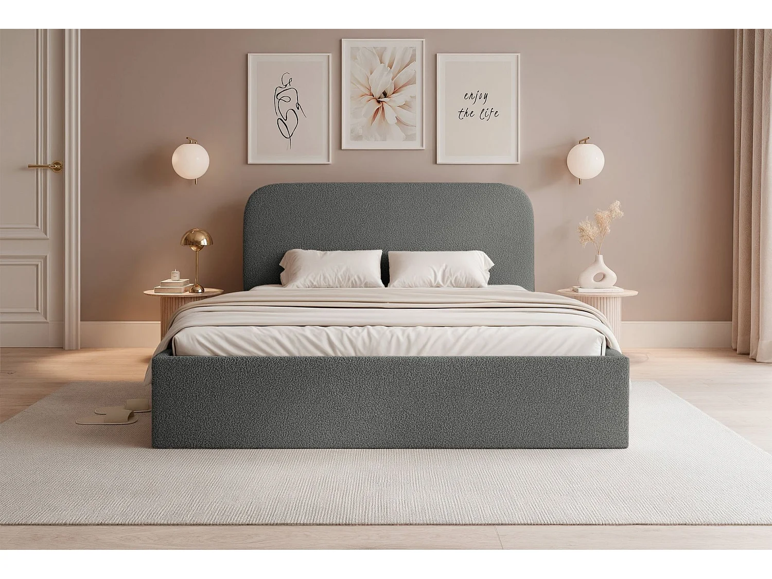 Lit coffre - 160x200 cm - en tissu bouclette gris foncé - SONVIVO