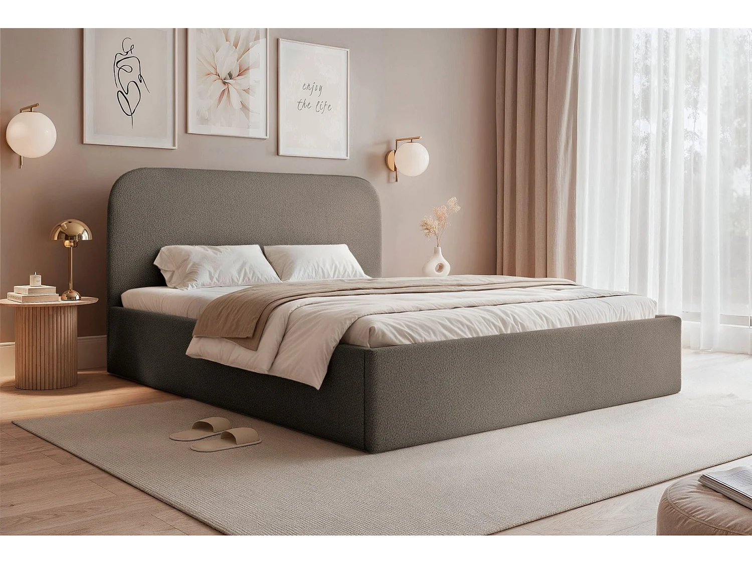 Lit coffre - 140x200 cm - en tissu chenille brun clair - SONVIVO