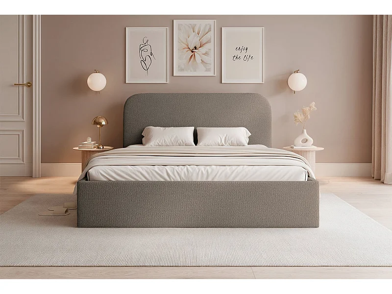 Lit coffre - 140x200 cm - en tissu chenille brun clair - SONVIVO