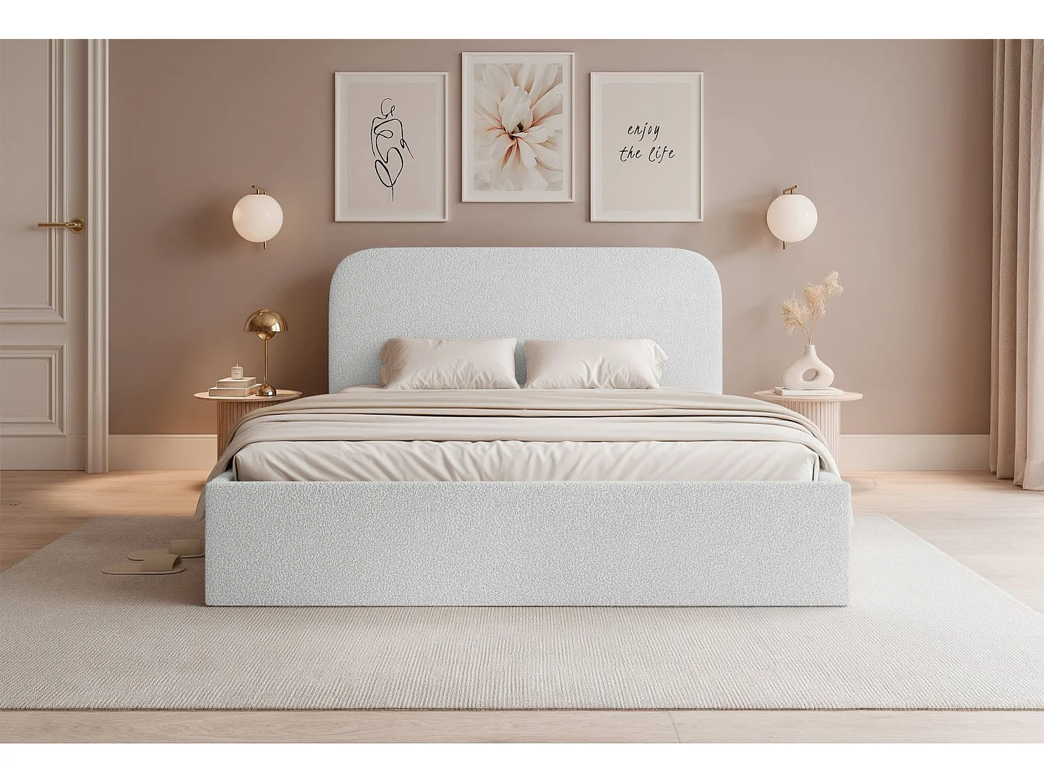 Lit coffre - 140x200 cm - en tissu bouclette blanc - SONVIVO