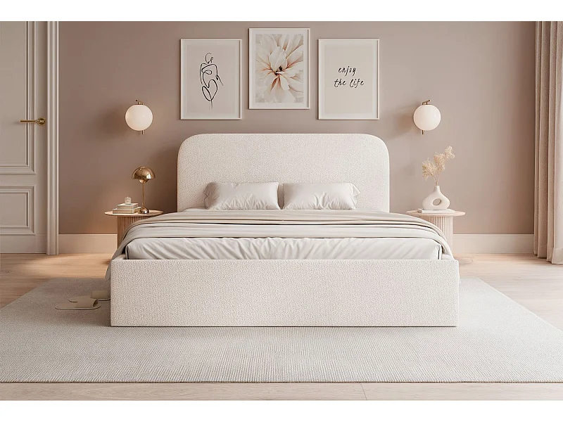 Lit coffre - 160x200 cm - en tissu chenille crème - SONVIVO