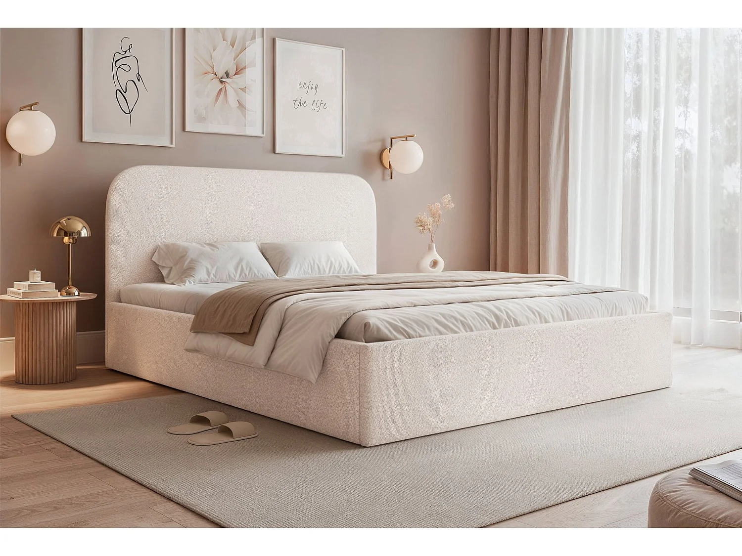 Lit coffre - 160x200 cm - en tissu chenille crème - SONVIVO