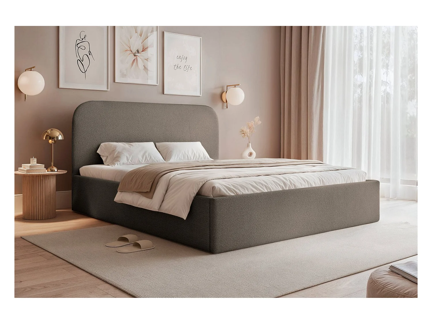 Polsterbett 160x200 mit Bettkasten - Chenille - hellbraun - SONVIVO