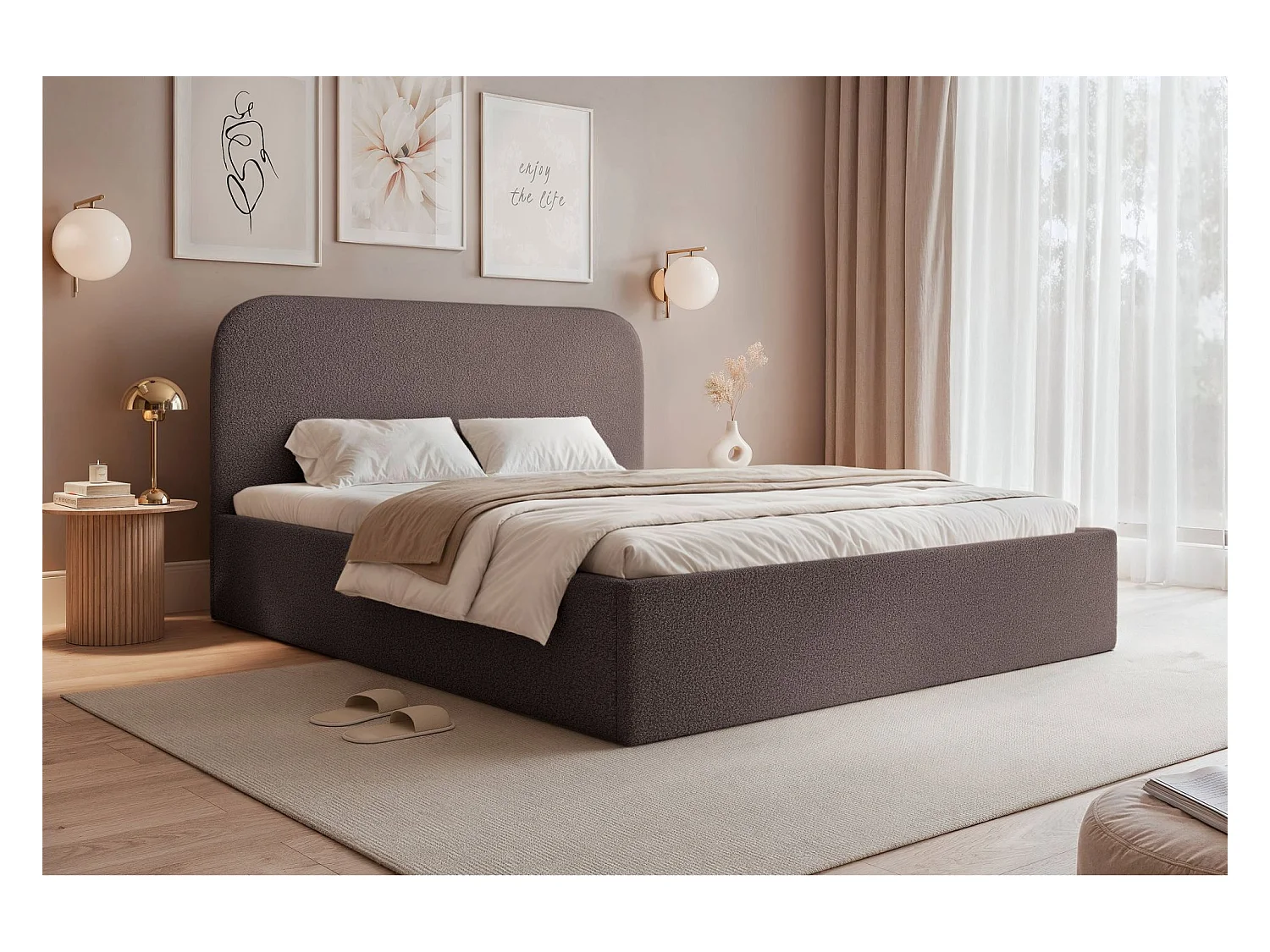 Lit coffre - 180x200 cm - en tissu bouclette brun - SONVIVO