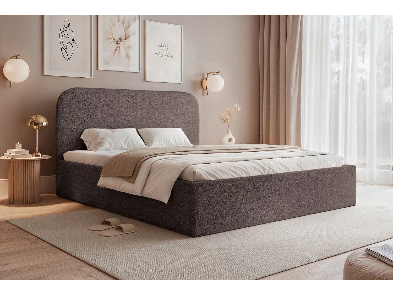 Lit coffre - 180x200 cm - en tissu bouclette brun - SONVIVO