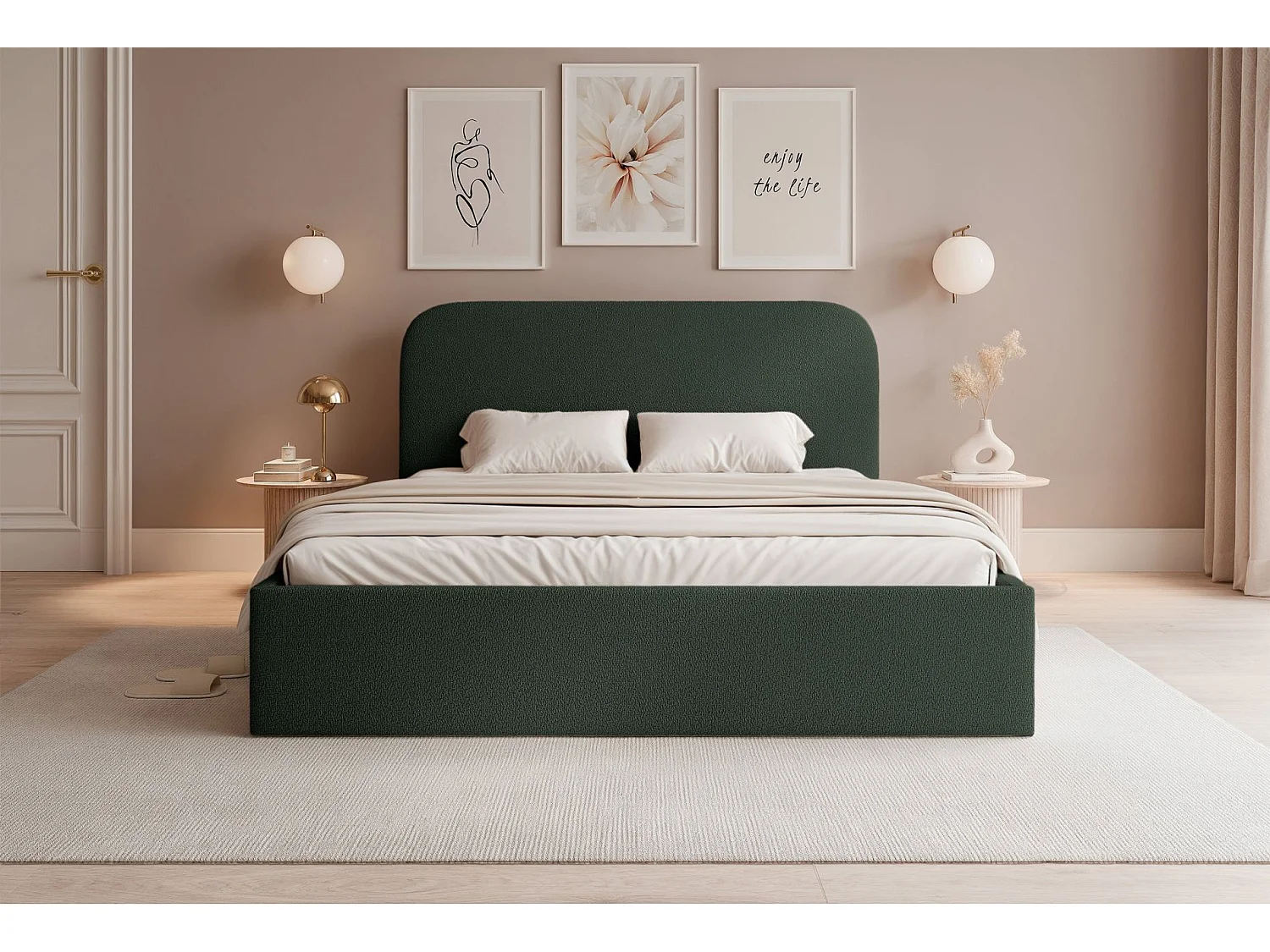 Lit coffre - 180x200 cm - en tissu chenille vert foncé - SONVIVO