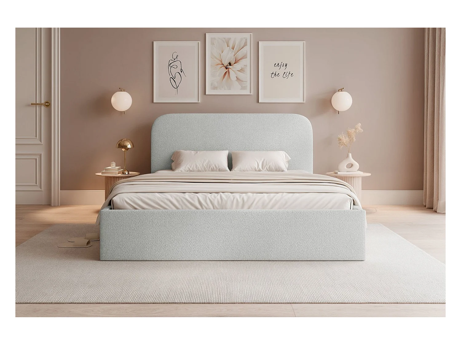 Lit coffre - 160x200 cm - en tissu chenille gris clair - SONVIVO