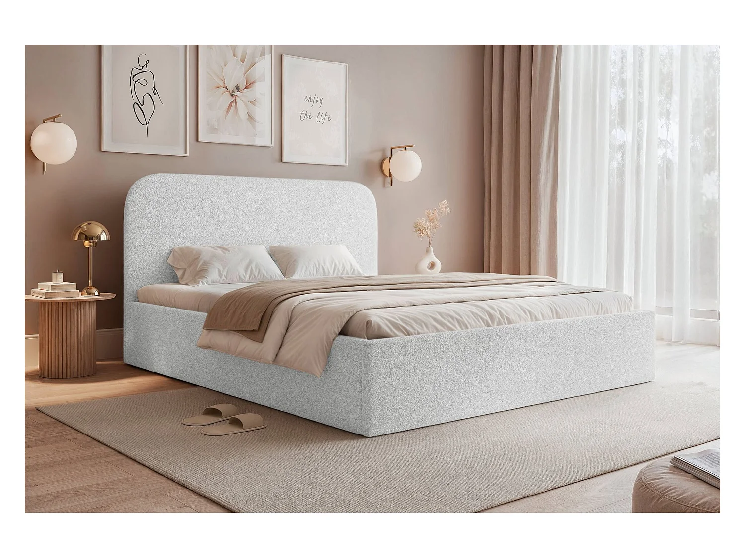 Lit coffre - 180x200 cm - en tissu bouclette blanc - SONVIVO