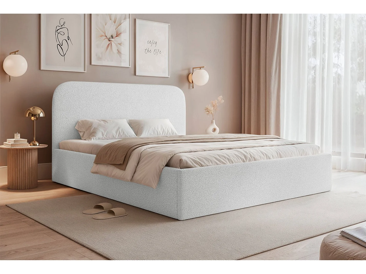 Lit coffre - 180x200 cm - en tissu bouclette blanc - SONVIVO