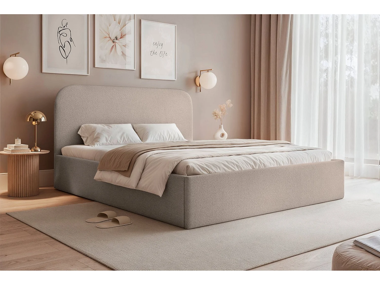 Lit coffre - 160x200 cm - en tissu chenille beige - SONVIVO