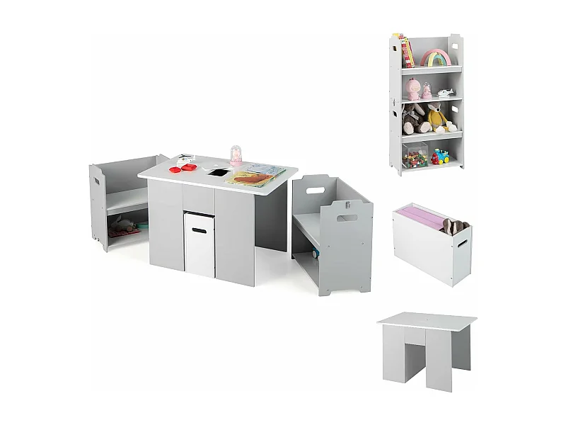 3-delig kinderzitgroep, kindertafel met 2 stoelen,4-in-1 activiteitentafel met opbergruimte en afneembaar deksel,multifunctionele kinderzitset voor peuters TK32331