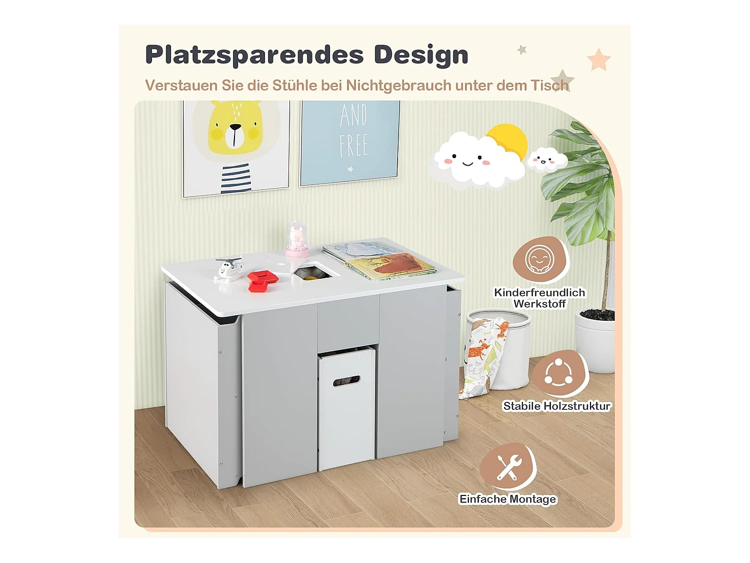 3-delig kinderzitgroep, kindertafel met 2 stoelen,4-in-1 activiteitentafel met opbergruimte en afneembaar deksel,multifunctionele kinderzitset voor peuters TK32331