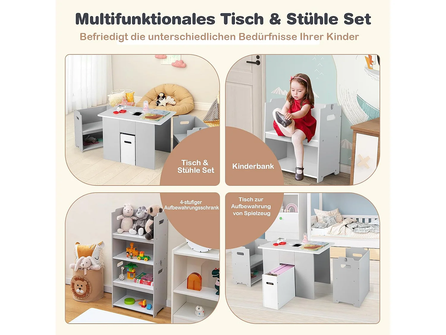 3-delig kinderzitgroep, kindertafel met 2 stoelen,4-in-1 activiteitentafel met opbergruimte en afneembaar deksel,multifunctionele kinderzitset voor peuters TK32331