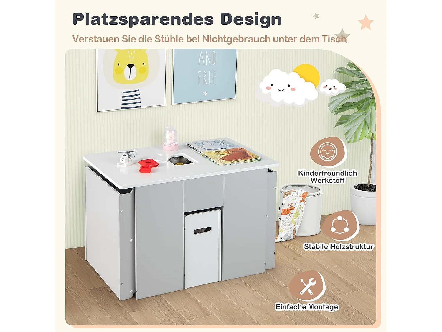 3-delig kinderzitgroep, kindertafel met 2 stoelen,4-in-1 activiteitentafel met opbergruimte en afneembaar deksel,multifunctionele kinderzitset voor peuters TK32331