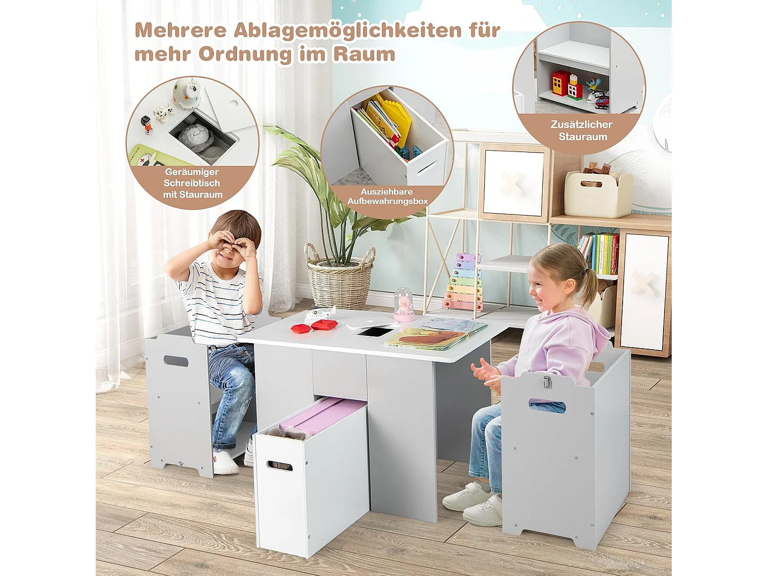3-delig kinderzitgroep, kindertafel met 2 stoelen,4-in-1 activiteitentafel met opbergruimte en afneembaar deksel,multifunctionele kinderzitset voor peuters TK32331