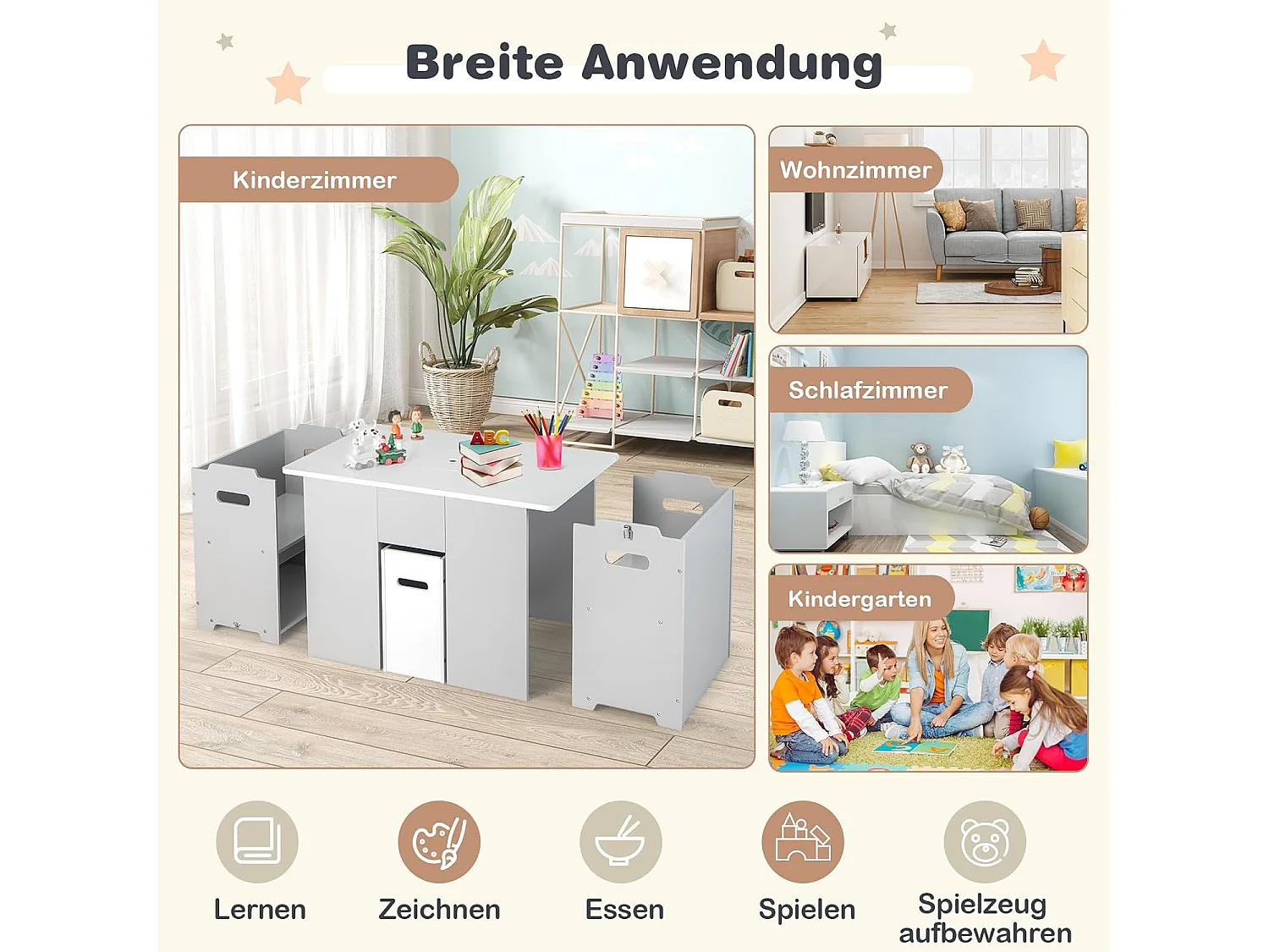 3-delig kinderzitgroep, kindertafel met 2 stoelen,4-in-1 activiteitentafel met opbergruimte en afneembaar deksel,multifunctionele kinderzitset voor peuters TK32331